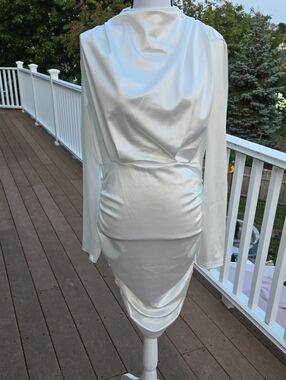 SHEIN White Satin Long Sleeve Rouched Back Bodycon  Dress L New
